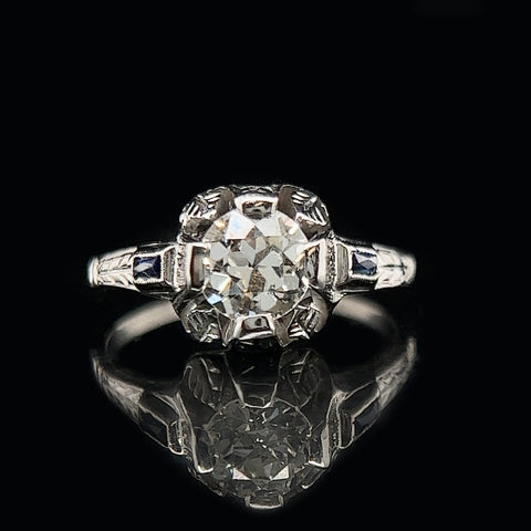 Art Deco .89ct. Diamond, Sapphire & 18K White Gold Antique Engagement - Fashion Ring - J35632