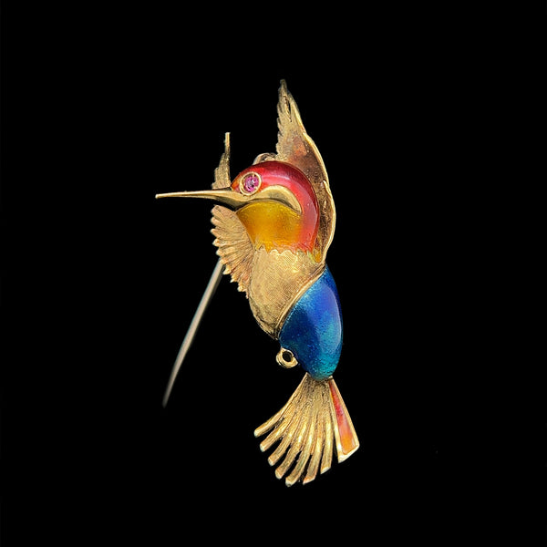 Enamel & .03ct. Pink Sapphire Hummingbird Antique Brooch 18K Yellow Gold - J37810