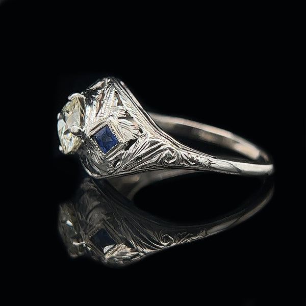Edwardian .85ct. Diamond & Sapphire Antique Engagement - Fashion Ring 18K White Gold - J37842