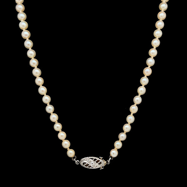 Vintage 3.5mm-7.5mm Akoya Cultured Pearl & Diamond Necklace White Gold - J40078