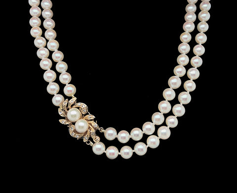 6.1-6.2mm Akoya Double Strand Cultured Pearl & Diamond Estate Necklace Yellow Gold - J40250