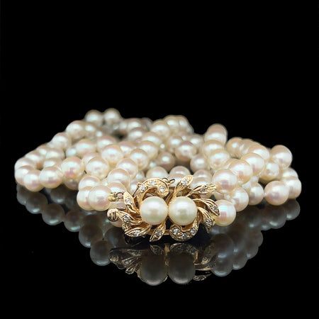 6.1-6.2mm Akoya Double Strand Cultured Pearl & Diamond Estate Necklace Yellow Gold - J40250