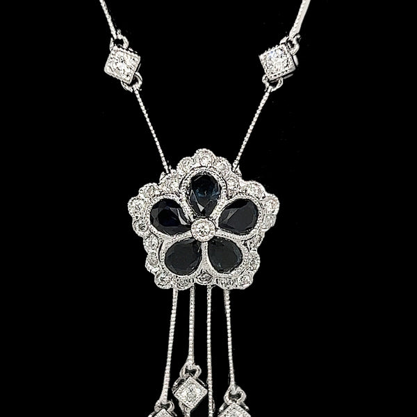 1.00ct. Sapphire & .50ct. T.W. Diamond Estate Necklace 18K White Gold - J42384