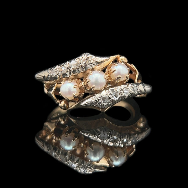 3.6mm Pearl & Diamond Vintage Fashion Ring 18K Yellow Gold - J42424