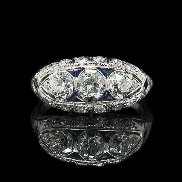 Art Deco .83ct. T.W. Diamond & Sapphire Antique Engagement - Fashion Ring Platinum - J42462