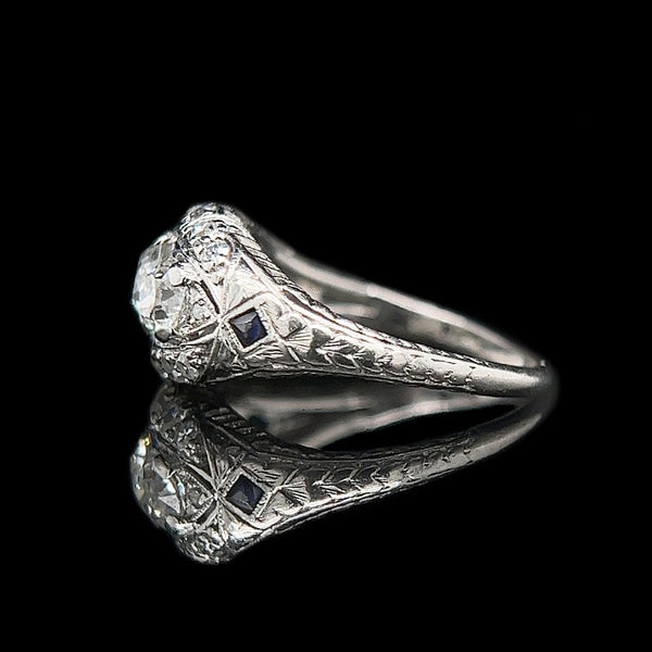 Art Deco .83ct. T.W. Diamond & Sapphire Antique Engagement - Fashion Ring Platinum - J42462