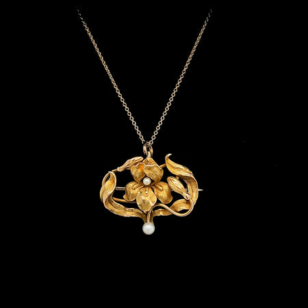  Art Nouveau, Antique, Vintage, Necklace, Brooch, Pin, Seed Pearl, 14K Yellow Gold
