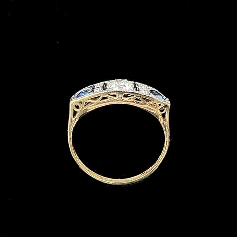 Art Deco, Antique, Vintage, Engagement Ring, Wedding Ring, 3-Stone, Diamond, Sapphire, Platinum, 18K Yellow Gold 