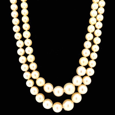 Vintage, Necklace, Double Strand, Akoya Pearl, 14K Yellow Gold