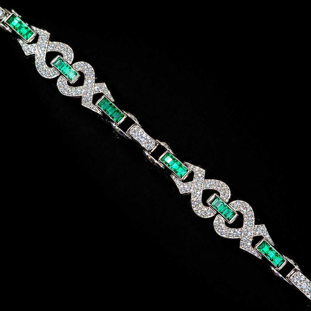 June 2026 Gemologist Jewelry Pick of the Month - Art Deco 2.50ct. T.W. Diamond & Emerald Simulant Antique Platinum Bracelet - J43294