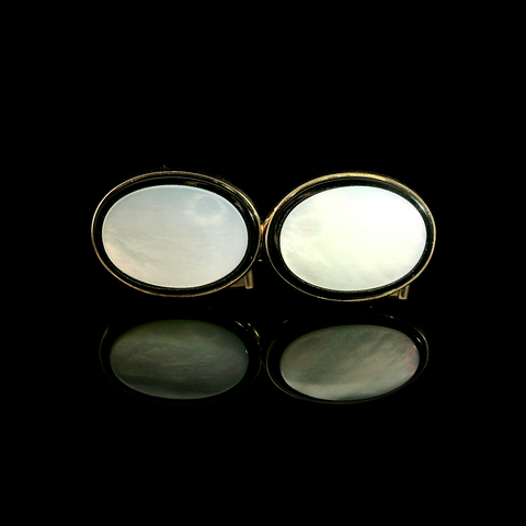 Mother of Pearl & Onyx Estate Cufflinks Yellow Gold - J42964