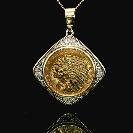Five Dollar Gold Coin & .08ct. T.W. Diamond Estate Necklace Yellow & White Gold - J42960
