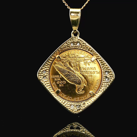 Five Dollar Gold Coin & .08ct. T.W. Diamond Estate Necklace Yellow & White Gold - J42960