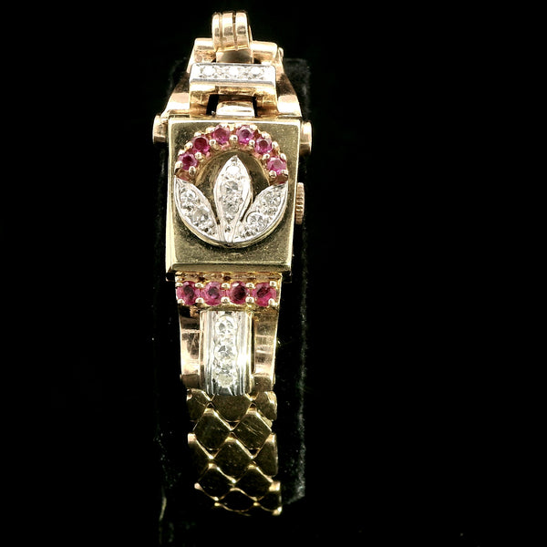 .40ct. T.W. Diamond & .50ct. T.W. Ruby Retro Watch Rose& Yellow Gold - J43056