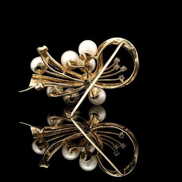 6.5mm-6.9mm Akoya Cultured Pearl & Diamond Vintage Brooch Yellow Gold - J39891
