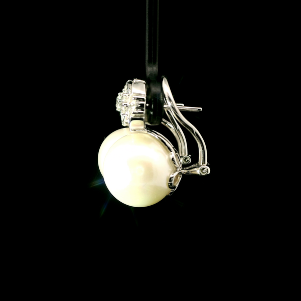 13mm South Sea Pearl & .95ct. T.W. Diamond Estate Earrings 18K White Gold - J43085