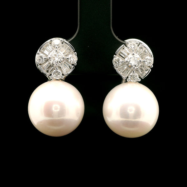 13mm South Sea Pearl & .95ct. T.W. Diamond Estate Earrings 18K White Gold - J43085