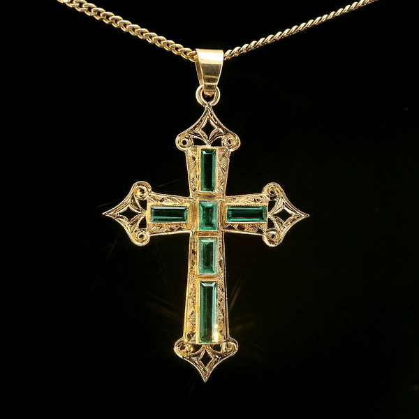 1.50ct. T.W. Emerald Vintage Cross Necklace 18K Yellow Gold - J43086