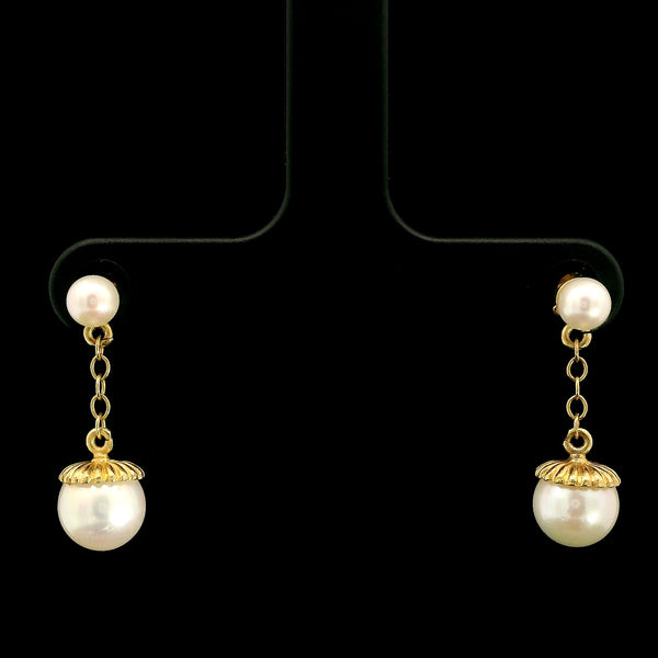 3.8mm & 6.6mm Pearl Dangle Vintage Earrings Yellow Gold - J43087