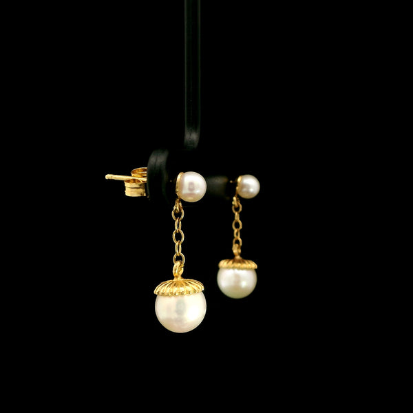 3.8mm & 6.6mm Pearl Dangle Vintage Earrings Yellow Gold - J43087