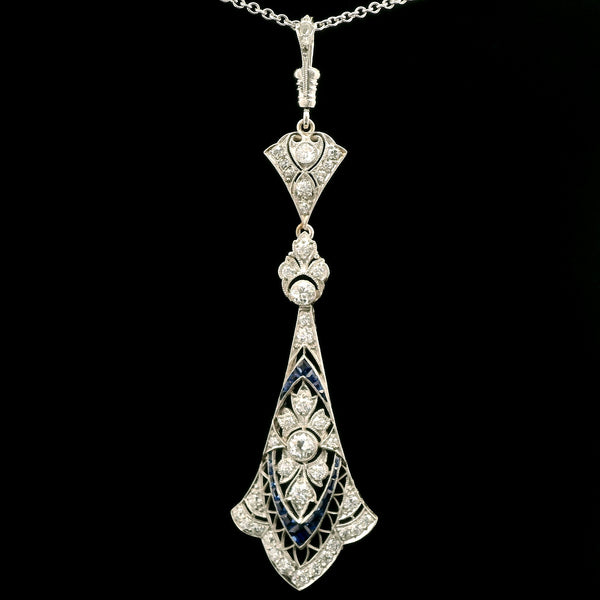 Art Deco 1.50ct. T.W. Diamond & Sapphire Antique Necklace & 18KW White Gold - J43109