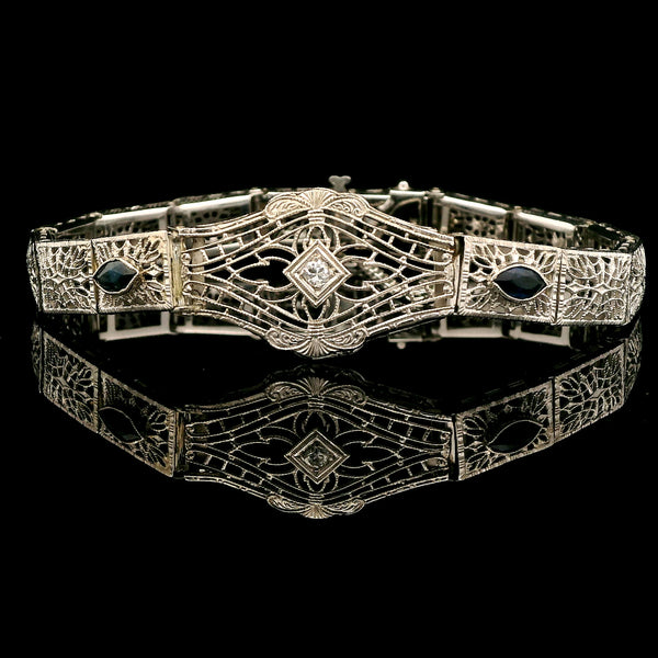 Art Deco .66ct. Sapphire & Diamond Antique Bracelet White Gold - J43114