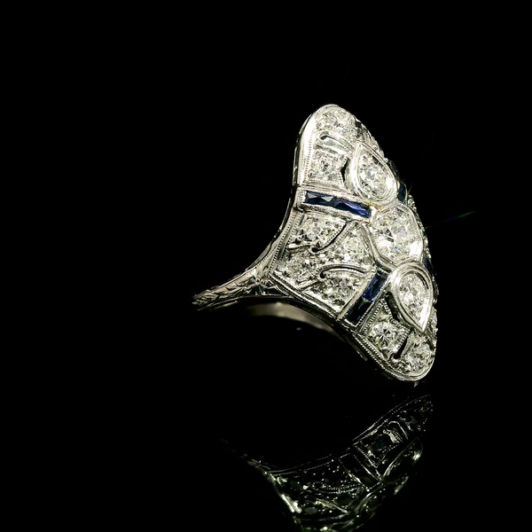 Art Deco .77ct. T.W. Diamond & Sapphire Antique Wedding - Fashion Ring Platinum - J43113
