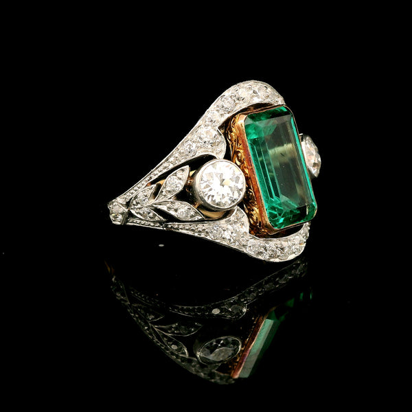 Edwardian 2.25ct. Emerald & Diamond Antique Wedding - Fashion Ring Platinum & Yellow Gold - J43117