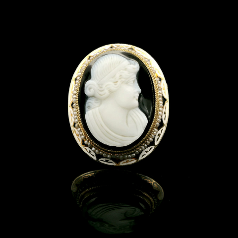 Victorian Cameo, Seed Pearl & Enamel Antique Fashion Ring Yellow Gold - J43115