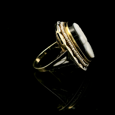 Victorian Cameo, Seed Pearl & Enamel Antique Fashion Ring Yellow Gold - J43115