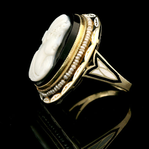 Victorian Cameo, Seed Pearl & Enamel Antique Fashion Ring Yellow Gold - J43115