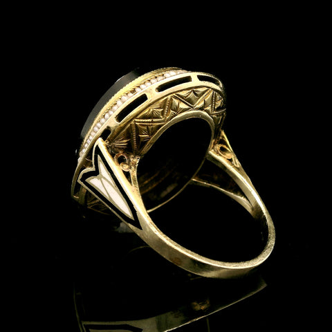 Victorian Cameo, Seed Pearl & Enamel Antique Fashion Ring Yellow Gold - J43115