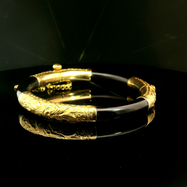 Black Resin Vintage Bangle Bracelet 18K Yellow Gold - J43119