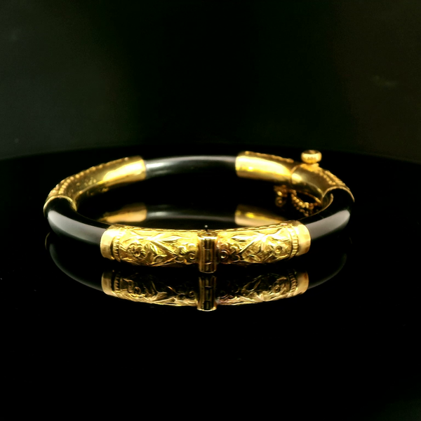 Black Resin Vintage Bangle Bracelet 18K Yellow Gold - J43119