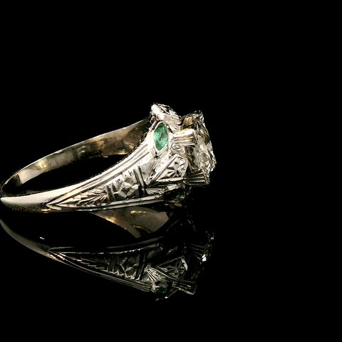 Art Deco 1.15ct. Diamond & Emerald Antique Engagement - Fashion Ring 18KWG - J43133