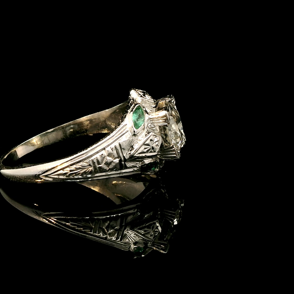 Art Deco 1.15ct. Diamond & Emerald Antique Engagement - Fashion Ring 18KWG - J43133