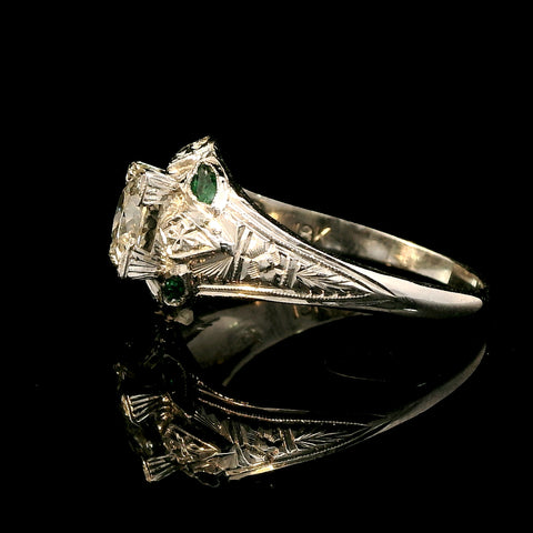 Art Deco 1.15ct. Diamond & Emerald Antique Engagement - Fashion Ring 18KWG - J43133