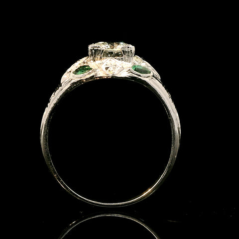 Art Deco 1.15ct. Diamond & Emerald Antique Engagement - Fashion Ring 18KWG - J43133