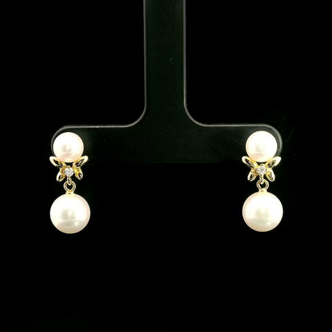 5.5-7.5mm Akoya Cultured Pearl Dangle Estate Earrings 18K Yellow Gold - J43151