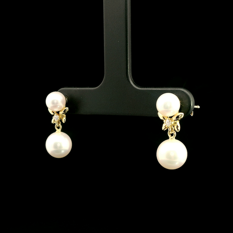 5.5-7.5mm Akoya Cultured Pearl Dangle Estate Earrings 18K Yellow Gold - J43151