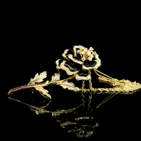 1.00ct. T.W. Diamond, Ruby & Onyx Estate Necklace - Brooch 18K Yellow & W/Gold - J43169