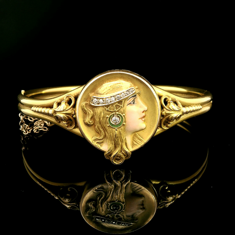 Art Nouveau .15ct. Diamond & Enamel Antique Bangle Bracelet Yellow Gold - J43195