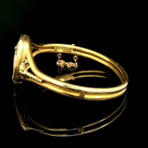 Art Nouveau .15ct. Diamond & Enamel Antique Bangle Bracelet Yellow Gold - J43195