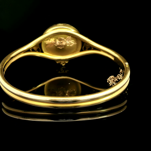 Art Nouveau .15ct. Diamond & Enamel Antique Bangle Bracelet Yellow Gold - J43195