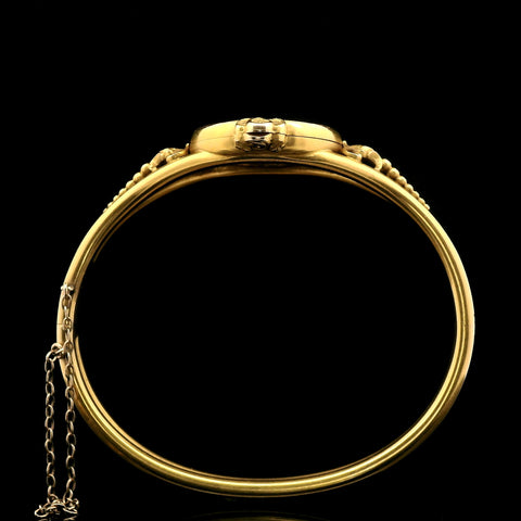 Art Nouveau .15ct. Diamond & Enamel Antique Bangle Bracelet Yellow Gold - J43195