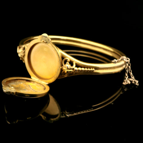 Art Nouveau .15ct. Diamond & Enamel Antique Bangle Bracelet Yellow Gold - J43195