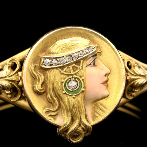 Art Nouveau .15ct. Diamond & Enamel Antique Bangle Bracelet Yellow Gold - J43195