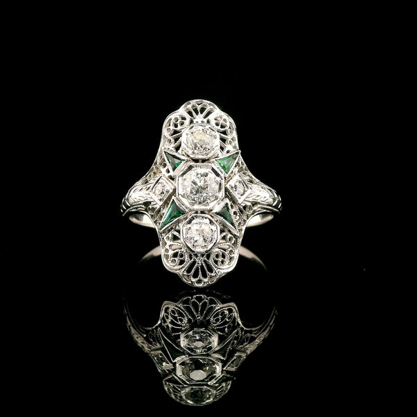 Art Deco .66ct. T.W. Diamond & Emerald Antique Wedding - Fashion Ring 18K White Gold - J43063