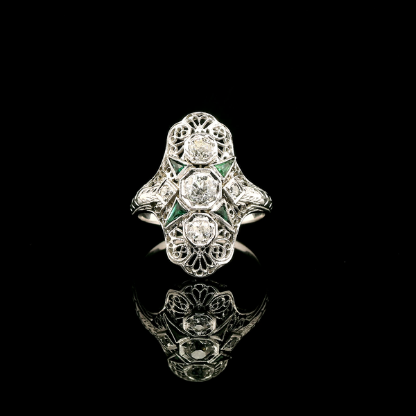 Art Deco .66ct. T.W. Diamond & Emerald Antique Wedding - Fashion Ring 18K White Gold - J43063