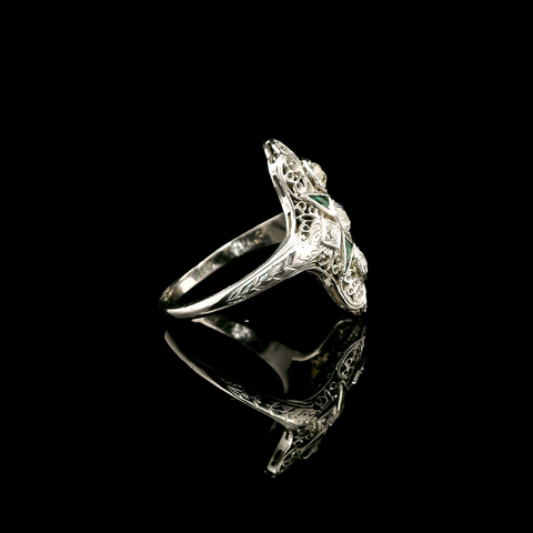 Art Deco .66ct. T.W. Diamond & Emerald Antique Wedding - Fashion Ring 18K White Gold - J43063